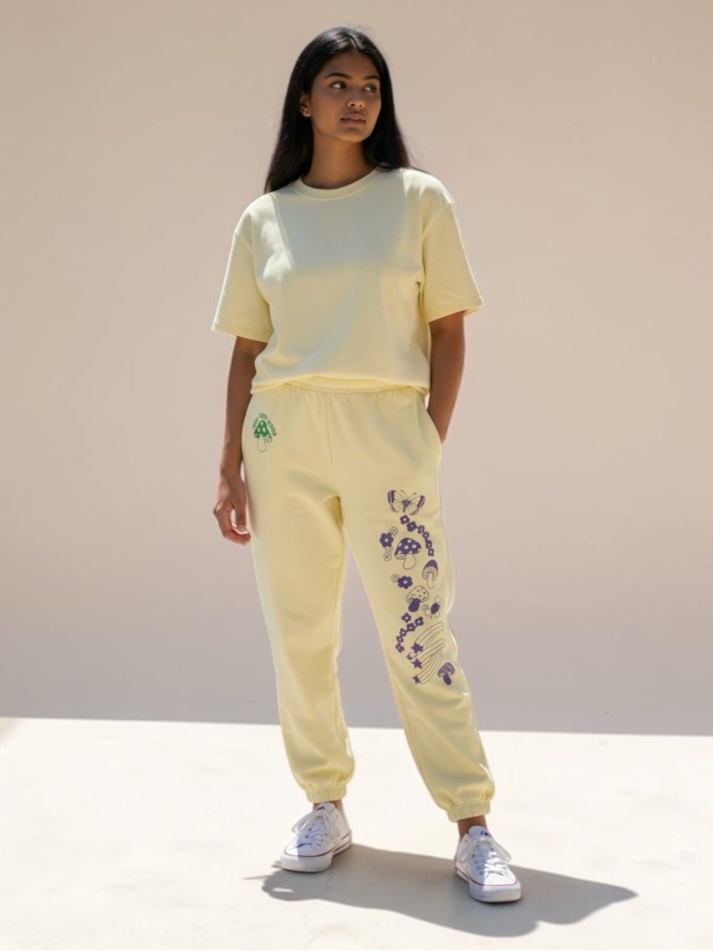 NEW GIRL ORDER MUSHROOM BUTTERFLY GRAPHIC JOGGER SWEATPANTS PASTEL YELLOW SIZE 8 - Picture 3 of 11